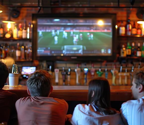 People watching football, sitting at bar in pub